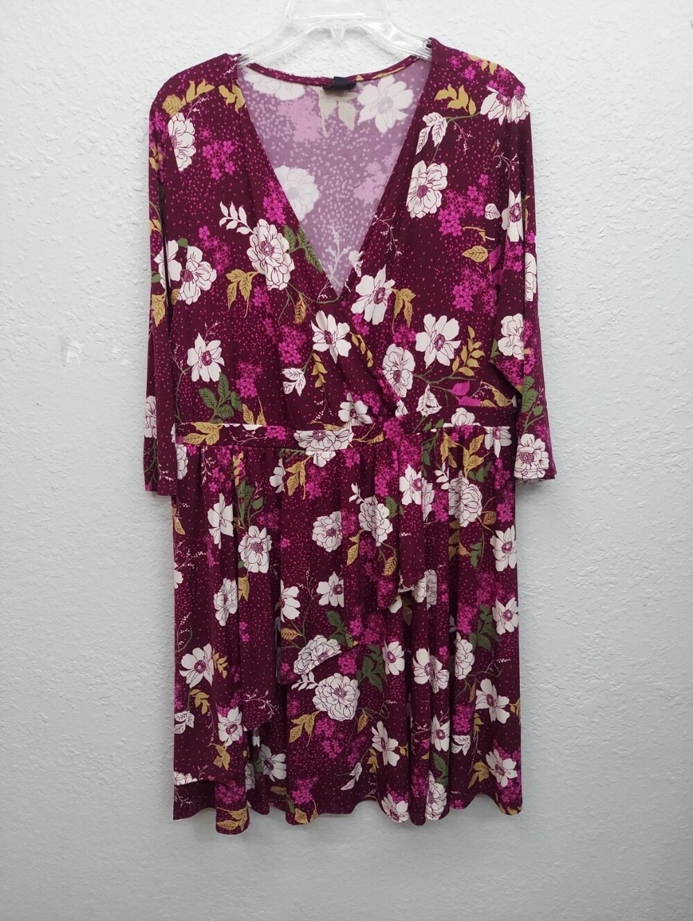 Floral Wrap Dress in Burgundy with White & Green Accents